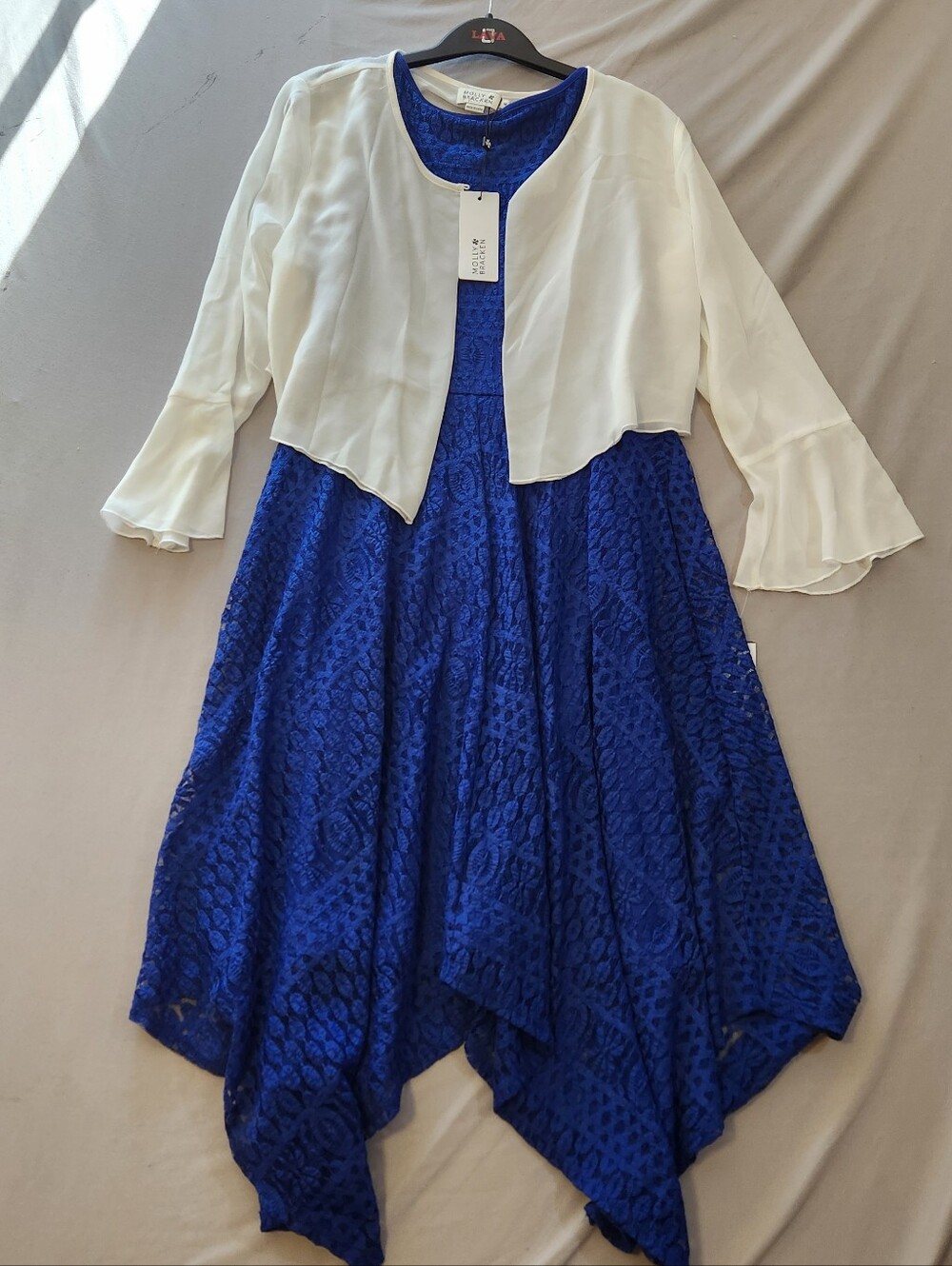 Royal Blue Lace Handkerchief Hem Dress with White Bolero